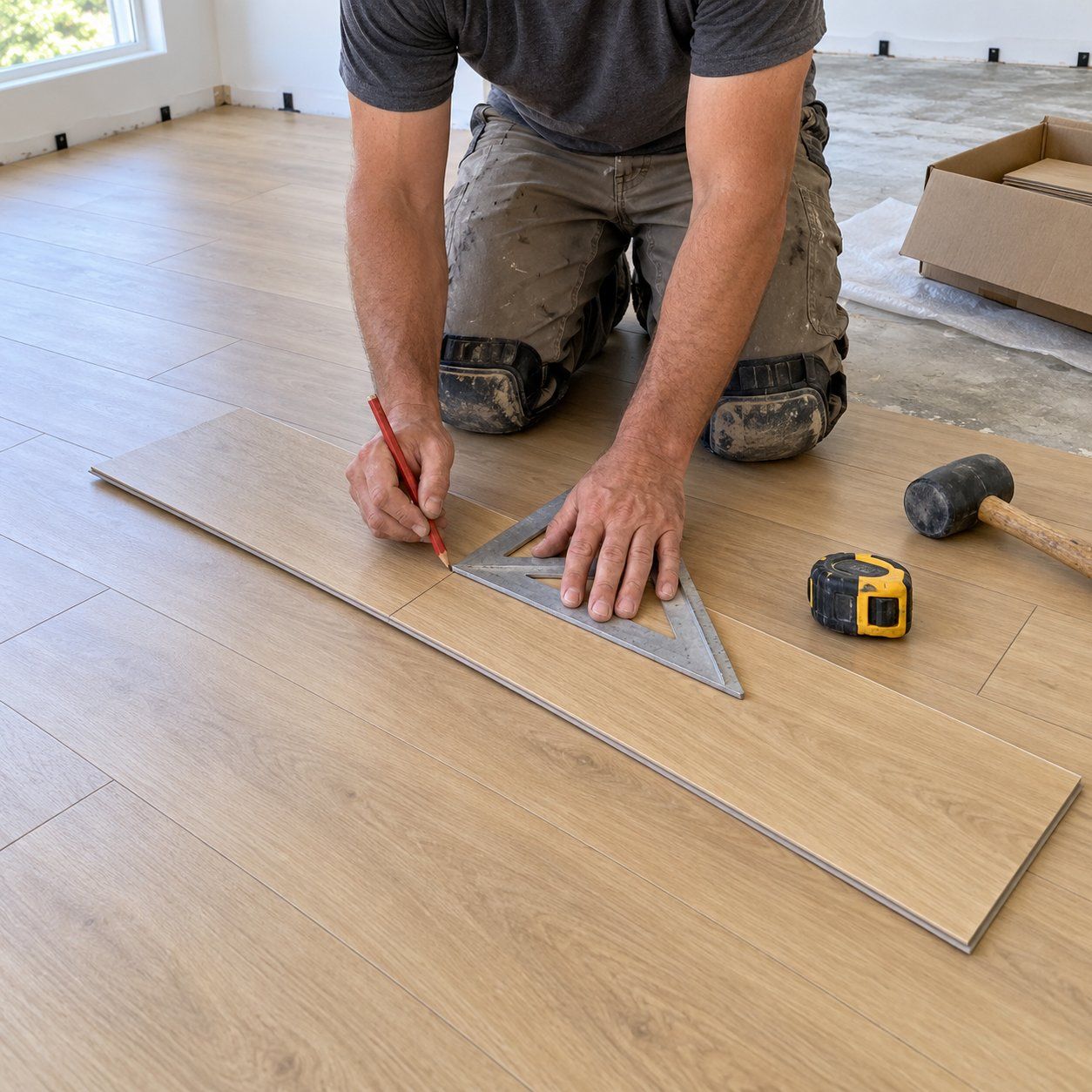 Illustration of an installer marking a vinyl plank before cutting it